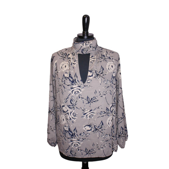 Veronica M Floral Blouse High Neck Keyhole Cutout Gray Blue Size M - Picture 1 of 3